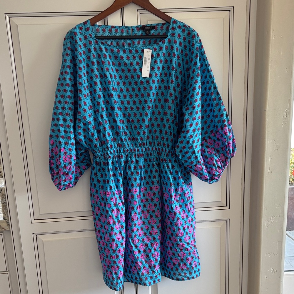 J‎ Crew Blue Pink Floral Puff Sleeve Elastic Waist Sundress Dress Boho Medium
